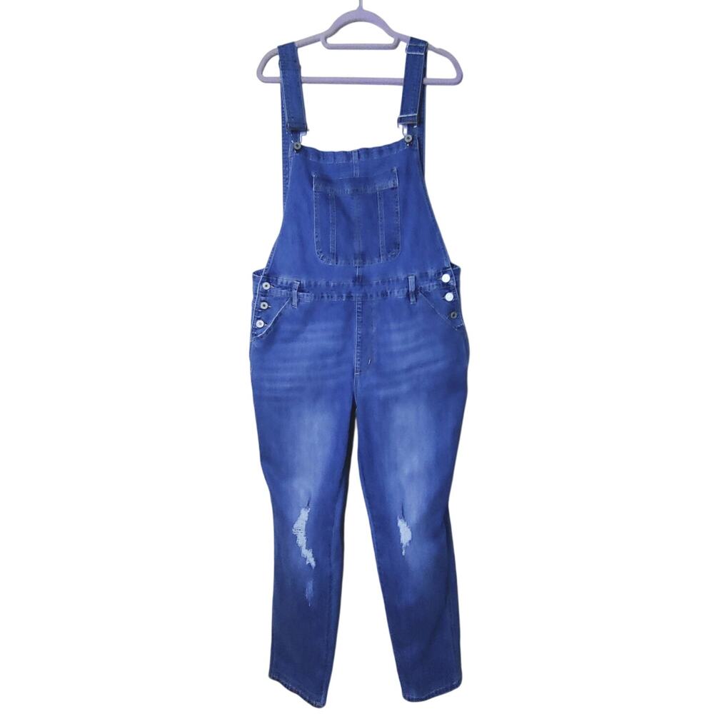 Kancan Mid Rise Distressed Skinny Slim Leg Overalls 1X Medium Blue Denim Bibs